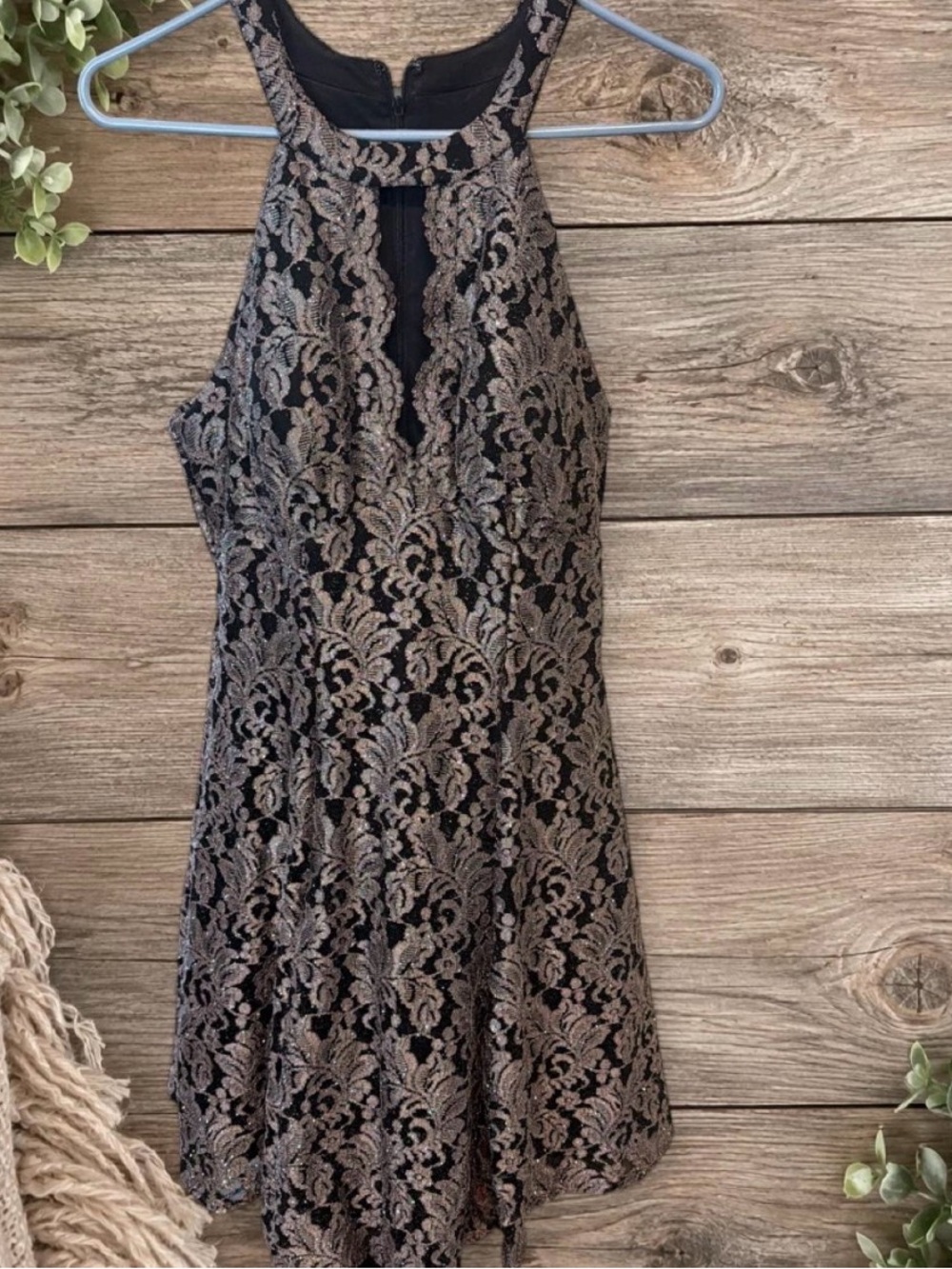 Halter Mini Dress with Black Base and Champagne Lace